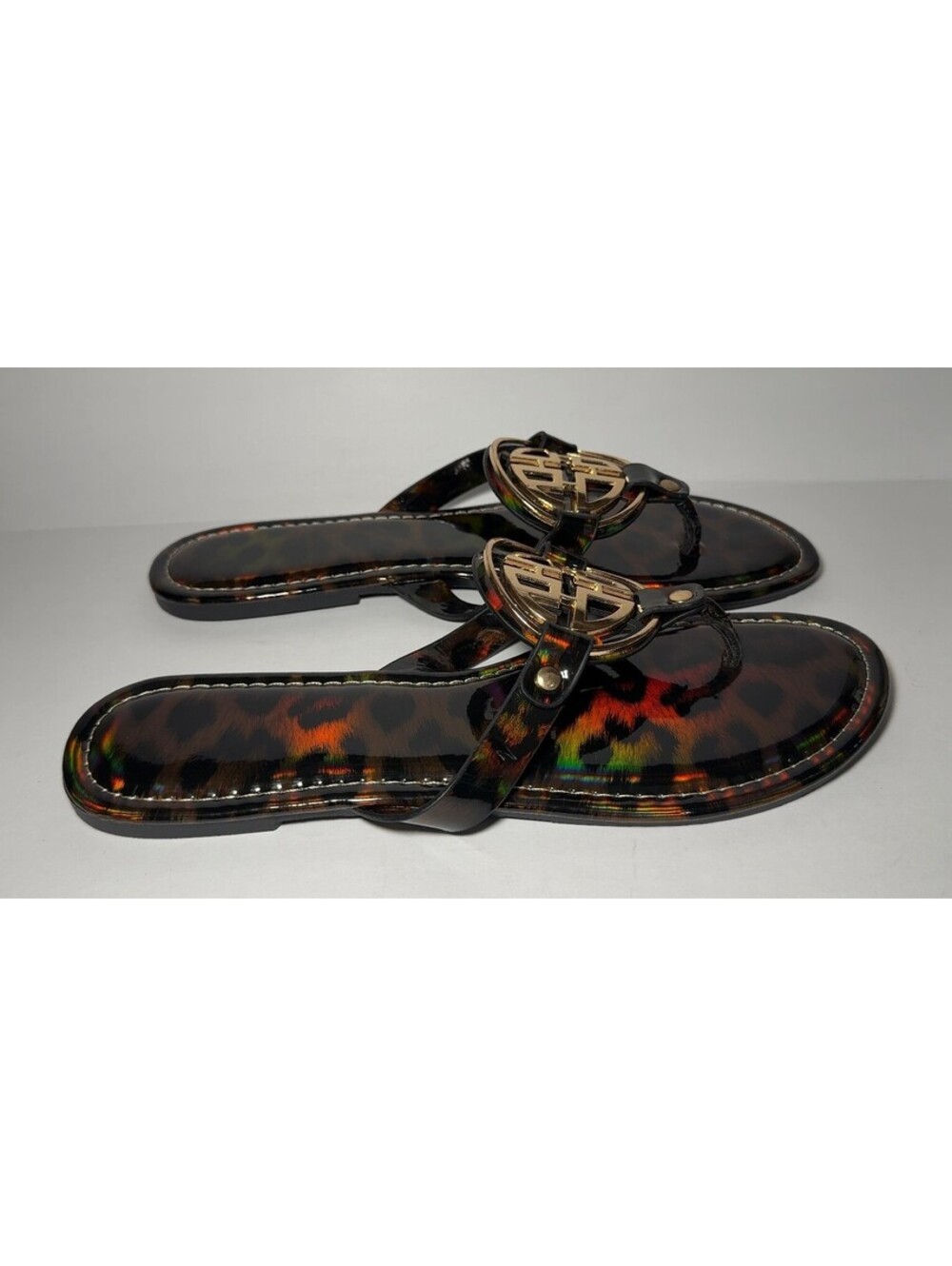 Limit-24 Women's Sandals Leopard Print Gold Tone Logo Thong